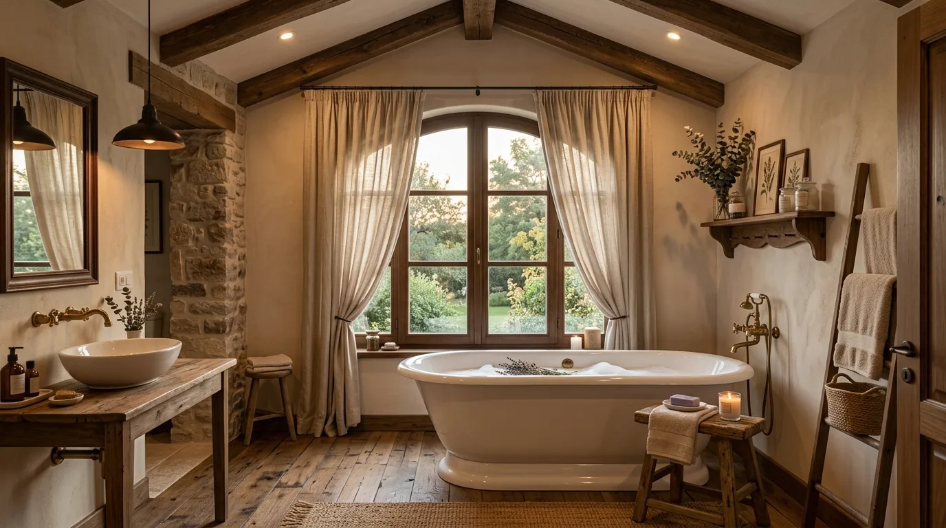 Choose a vanity with rustic texture inspiration for a modern farmhouse bathroom.